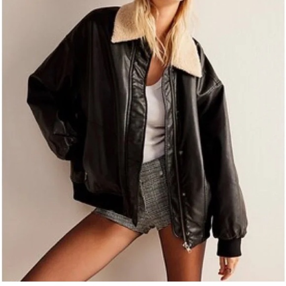 Black Bomber Jacket with Plush Collar and Shiny Finish - Picture 5 of 6